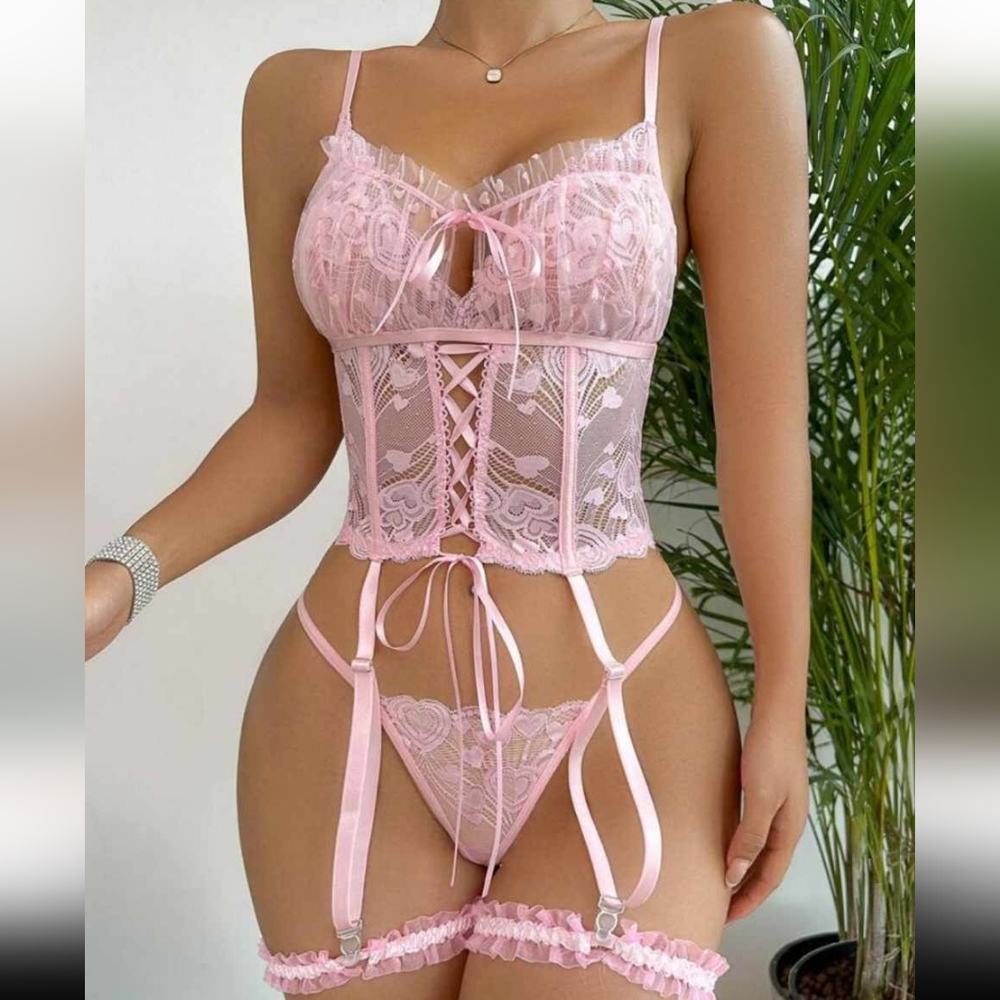 Pink Lace up front lingerie